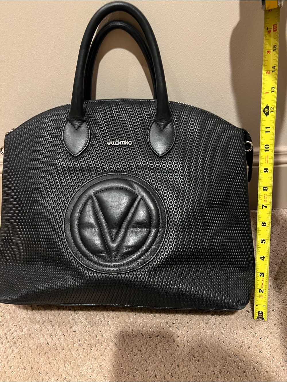 Valentino Black Textured Logo Tote satchel Bag - Picture 3 of 10